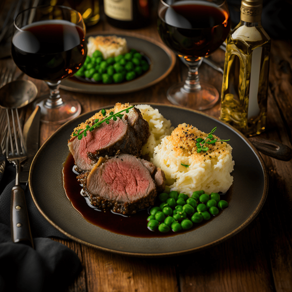 Image of bison loin in a brown gravy, mashed potatoes, and peas