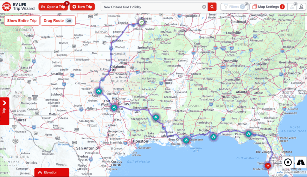Image of a map with route from Kansas City to Tampa